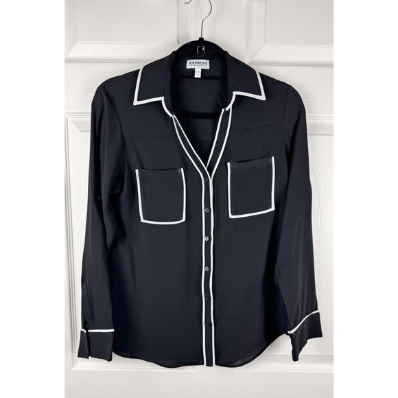 Express The Portofino Shirt Black White Piping Button Up Blouse‎ S Preppy 48-0 - Picture 2 of 12